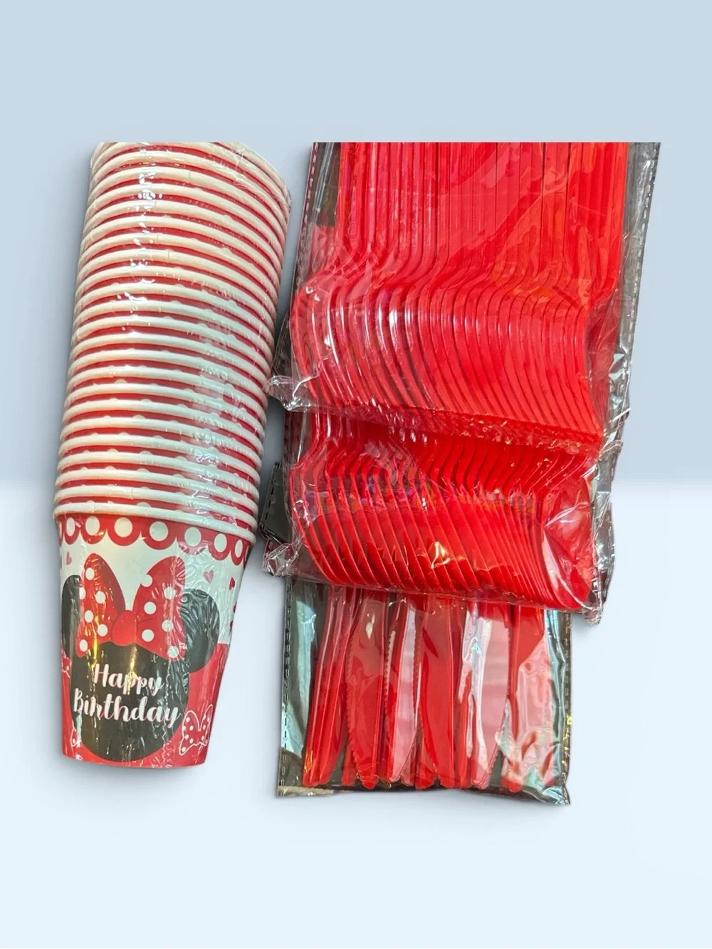 Red Minnie Mouse Party Paper Plates & Cups Set for party of 24 Happy Birthday